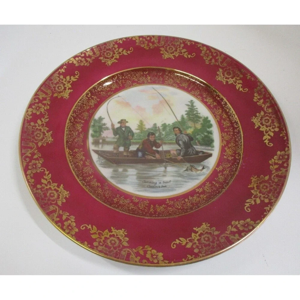 VTG Bayreuth Bavaria Catch A Trout Currier & Ives Pink Porcelain Cabinet Plate